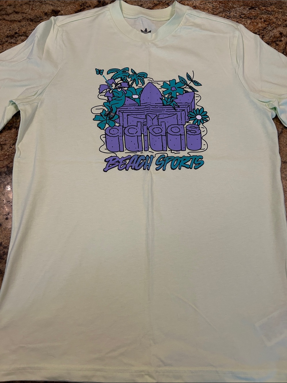 adidas Light Mint Graphic 'Beach Sports' Tee with Purple & Teal Print
